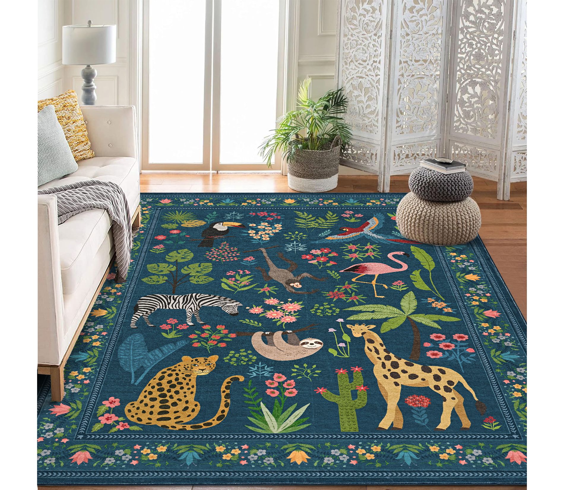 5x7 Green Washable Animal Rugs, Soft Low Pile Non Slip Large Forest Jungel Carpet for Living Room Bedroom Dining Nursery Farmhouse Laundry Kids Room