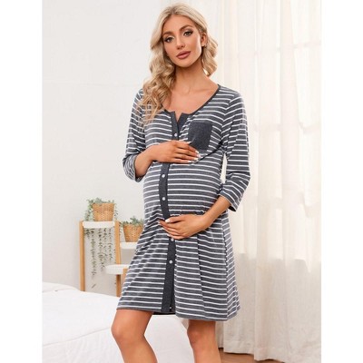 Women's Maternity Nightgown 3/4 Sleeve Striped Nursing Sleepshirt Button Breastfeeding Sleep Dress