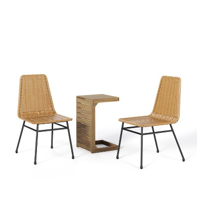 Christopher Knight Home Clara Outdoor Rattan Chair and Acacia Wood Table 3 Piece Chat Set