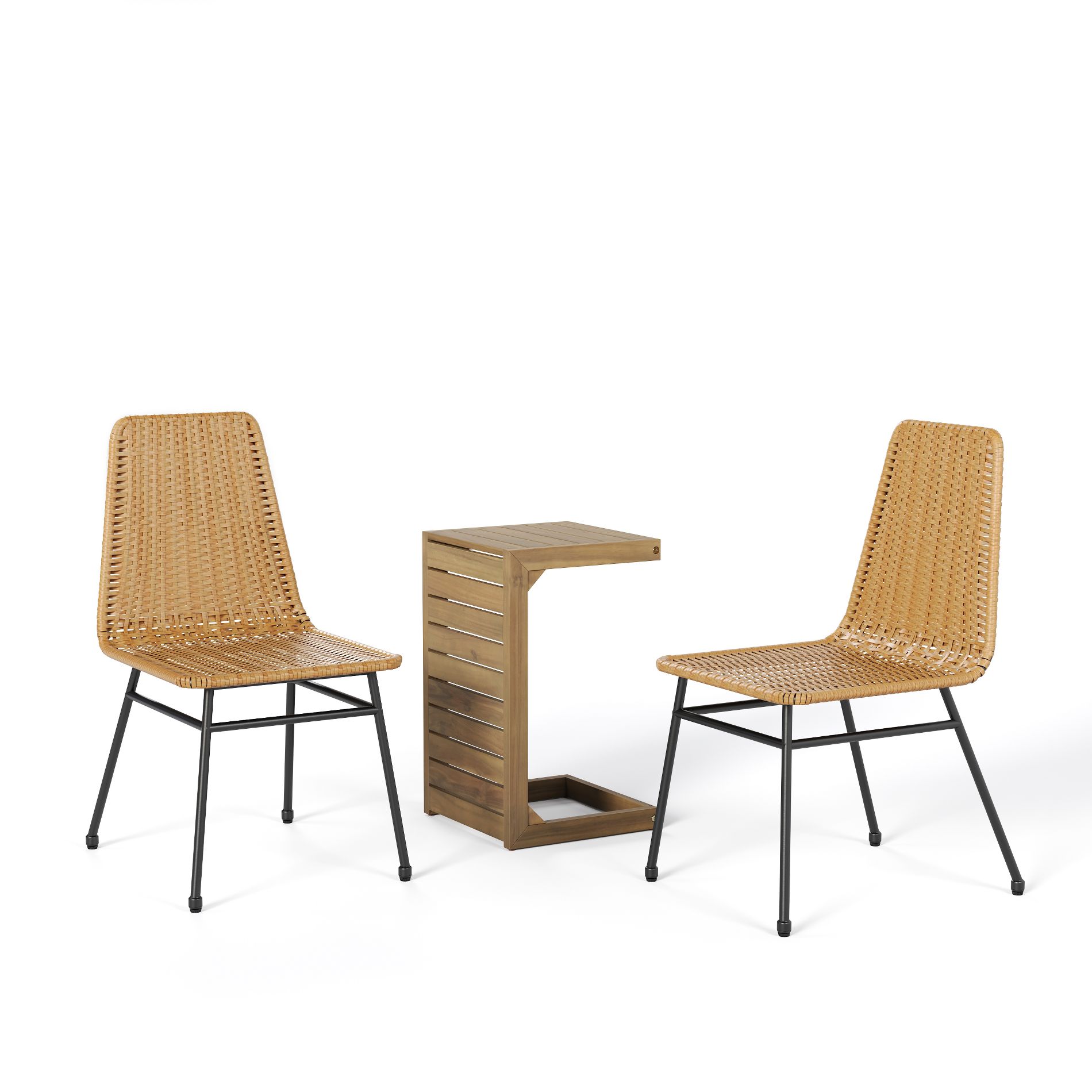 Christopher Knight Home Clara Outdoor Rattan Chair and Acacia Wood Table 3 Piece Chat Set