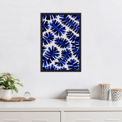 Modern Blue and Black Leaf Motif Framed Canvas Wall Art 16 x 23 inches