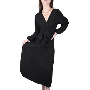 Anna-Kaci Women's Long Sleeve V-Neck Maxi Dress with Pleated Skirt and Waist Tie - 1 of 3