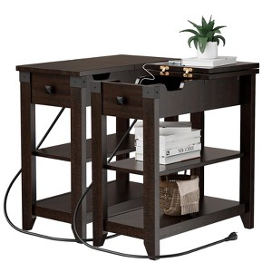 Set of 2 Narrow End Tables, Flip Top Side Tables with Charging Station, Nightstands - 1 of 4