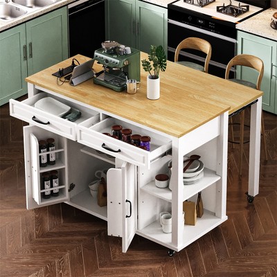 52" Kitchen Island Cart, Rolling Kitchen Island on Wheels with Extendable Dining Table, Kitchen Storage Island with 2 Drawers for Dining Room
