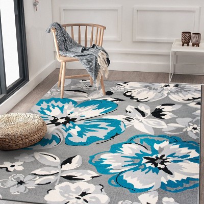 Elegant Floral Blue 5' x 7' Easy-Care Synthetic Area Rug