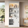 83.4-inch tall bookcase with LED lighting, sliding doors, and open shelves, white. - 2 of 4