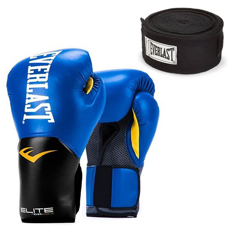 Everlast Blue Elite Pro Style Boxing Gloves 12 ounce & Black 120 Inch Hand Wraps, 1 of 7