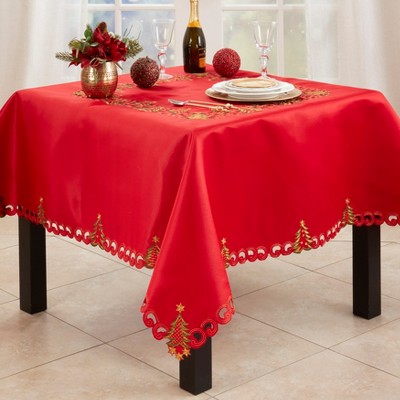 Red Christmas Tree Design Polyester Tablecloth with Gold Stars