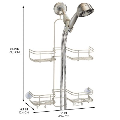 Satin Metal Over Shower Head Hanging Caddy with 4 Compartments