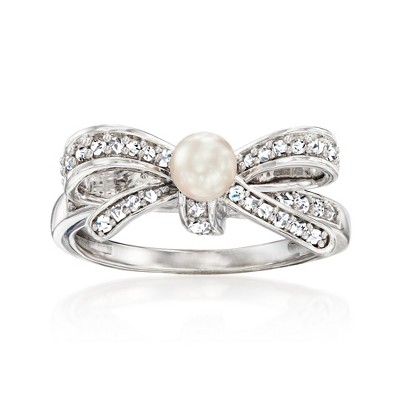 Ross-Simons 4-4.5mm Cultured Pearl and .25 ct. t.w. Diamond Bow Ring in Sterling Silver