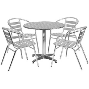 Emma and Oliver 31.5" Round Aluminum Table Set with 4 Slat Back Chairs - 1 of 4