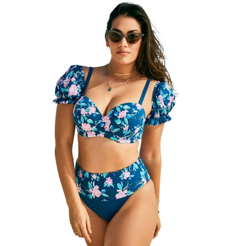 Swimsuits for All Women's Plus Size Puff Sleeve Underwire Bikini top, 20 -  Floral Paradise Blue