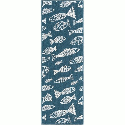 Blue and White Abstract Fish Pattern Outdoor Runner Rug