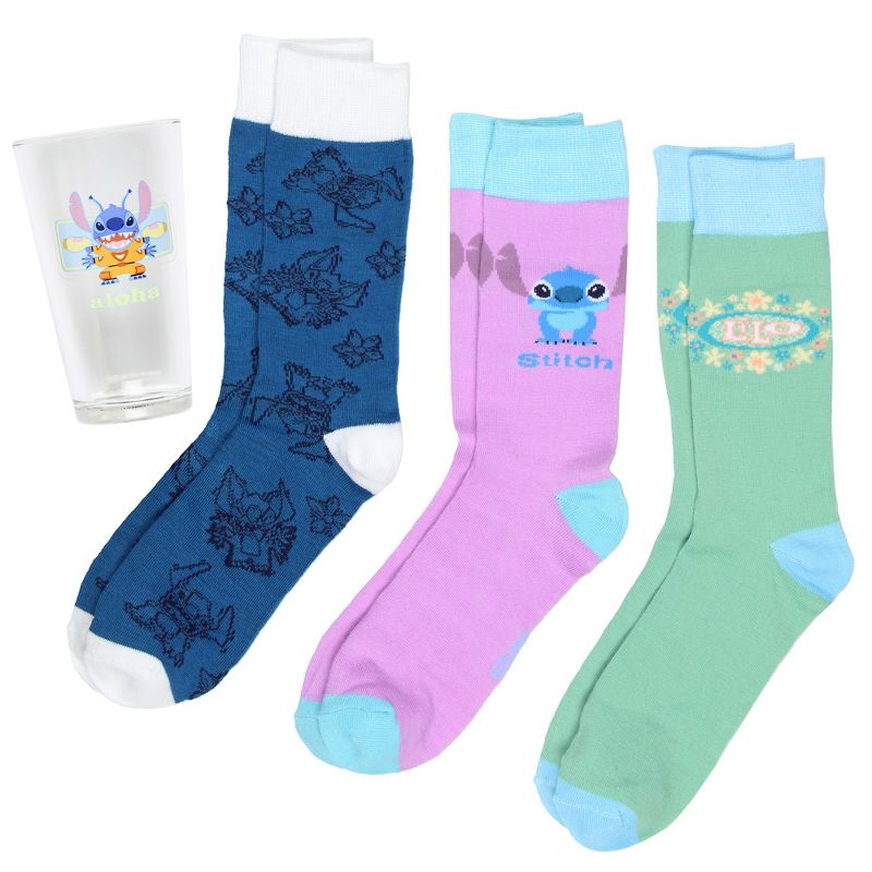 Disney Lilo and Stitch 3 Pairs of Socks And Pint Glass Gift Set Bundle Multicoloured, 1 of 7