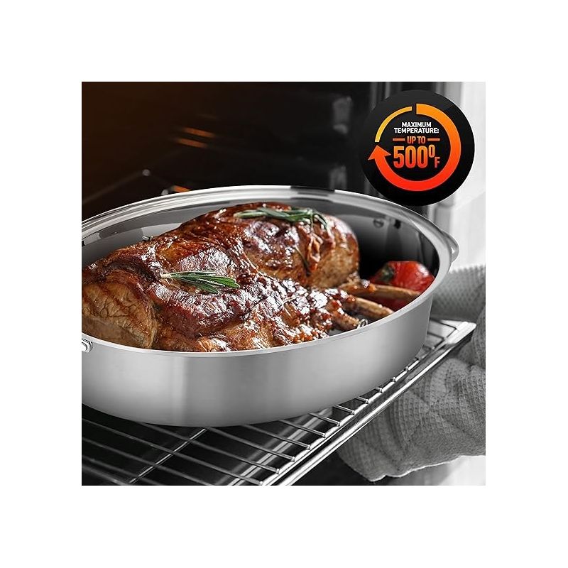 NutriChef Oval Roasting Pan, Roaster with Polished Rack, Wide Handle and Stainless Steel Lid, 5 of 9