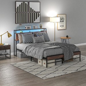 NicBex Full/Queen Platform Bed Frame with Storage Headboard,Metal Platform Bed with LED Light,Charging Station,Under Bed Storage,Easy Assembly,Walnut - 1 of 4