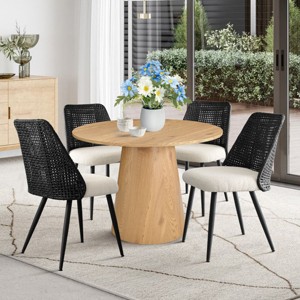 5-Piece Modern Round Dining Table Set, 35" Pedestal Table with 4 Upholstered Rattan Back Dining Chairs, Space Saving Design-Maison Boucle - 1 of 4