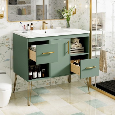 NicBex 36" Bathroom Storage Cabinet with Sink, Bathroom Vanity, 2 Drawers, 2 Open Shelves, and 1 Central Cabinet for Bathroom, Green