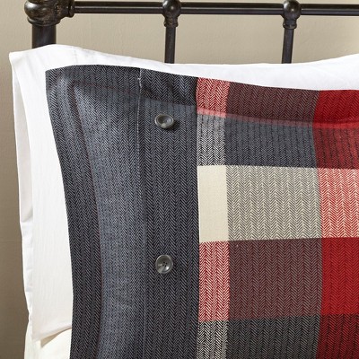 Queen Red and Gray Herringbone Plaid Comforter Set