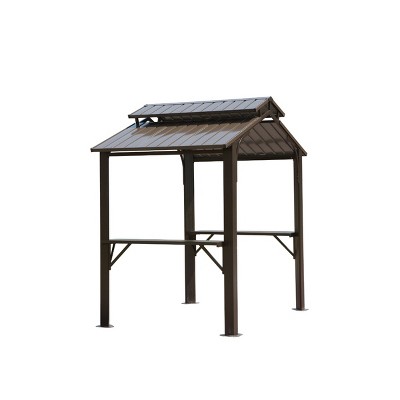 8×5 FT Hardtop Grill Gazebo, Gazebo with Double Galvanized Steel Roof, Canopy Shelter with 2 Cabinets and Ceiling Hooks-Coolbibila