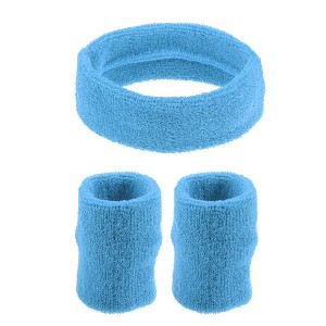 Unique Bargains Stretchy Cotton Blend Sweat Absorbing Sport Headband Wristband Sky Blue 3 pcs - 1 of 4