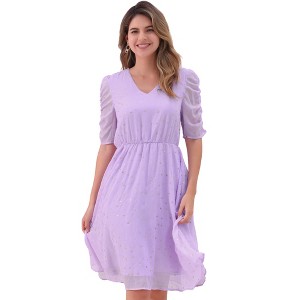 Allegra K Women's Metallic Stars Ruched Sleeve Elastic Waist V Neck A-line Dress - 1 of 4