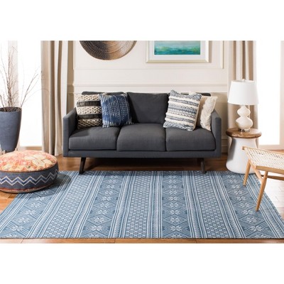 Blue and Ivory Floral Cotton Flat Woven Area Rug