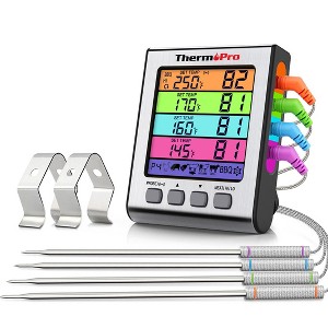 ThermoPro TP17HW 4 Probe Digital Meat Thermometer with Timer Mode and HIGH/LOW Alarms Grill Smoker Thermometer with Large Color Coded LCD Display and - 1 of 4