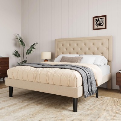 Allewie Button Tufted Platform Bed Frame/ Fabric Upholstered Bed Frame with Adjustable Headboard/ Wood Slat Support/Mattress Foundation