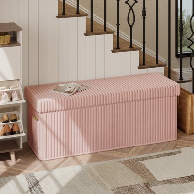 Pinmoco 15/30/43 inch Folding Storage Ottoman Bench with White Blanket and Side Pocket, Corduroy Storage Bench Footrest for Entryway Living Room