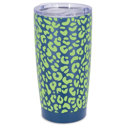 Elanze Designs 20 oz Stainless Steel On the Go Insulated Travel Tumbler With Push Top Lid, Lime Green Cheetah Leopard Print Blue - image 1 of 4