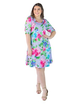 Plus Size Elbow Length Lilac Floral Print T Shirt Dress : Target
