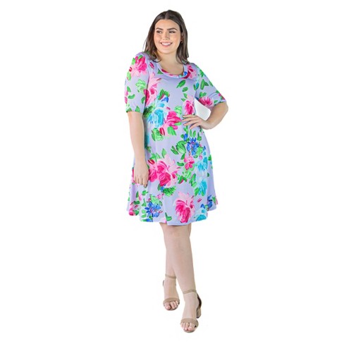 Plus Size Elbow Length Lilac Floral Print T Shirt Dress -Multicolored-3X