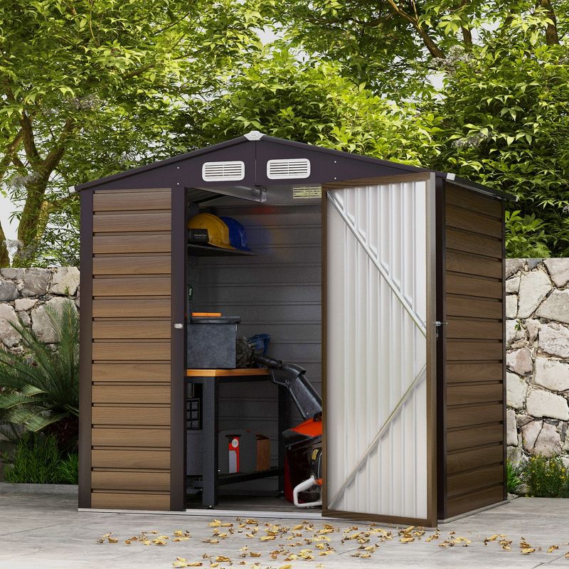 Outsunny 74.8" x 52" Metal Outdoor Shed, Garden Storage Shed with Vents for Yard, Patio, Lawn, Oak Colored, 2 of 7