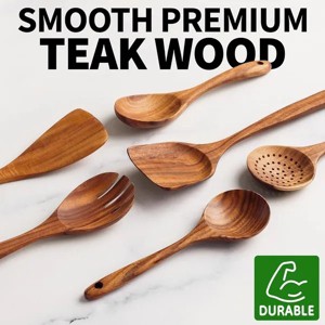 6 piece wooden cooking spoon set ¨C heat-resistant, smooth teak wood for a comfortable grip ¨C lightweight and durable ¨C easy to clean - 1 of 4