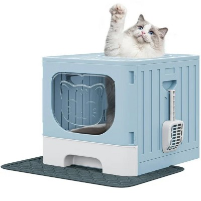 LunaLulinlk blue Large enclosed cat litter box with mat and litter scoop, front entry top exit door
