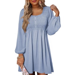 Coolmee Womens Casual Mini Dresses Smocked Crewneck Button Up Puff Long Sleeve High Waist A-Line Short Dress - 1 of 4