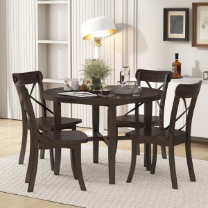 5-piece Dining Set, Retro Simple Round Table and 4 Chairs with X-shaped Backrest for Kitchen, Dining Room and Living Room - 1 of 4