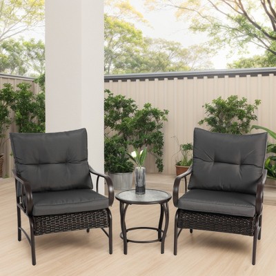 VASIP Patio Bistro Sets 3 Piece, Rattan Front Porch Chairs with Cushions & Coffee Table, Conversation Set for Garden, Balcony, Poolside