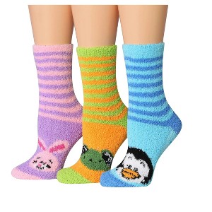 Tipi Toe Women's 3-Pairs Cozy Microfiber Anti-Skid Soft Animal Striped Patterned Fuzzy Crew Socks - 1 of 1
