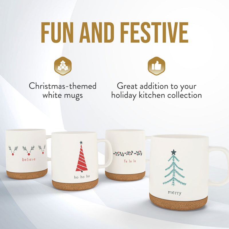 American Atelier Christmas Coffee Mug Set With Cork Bottoms, Fine Stoneware, Set Of 4 Motifs in White, 15 Oz, 3 of 7