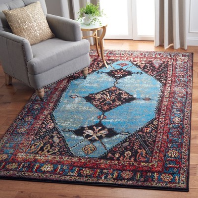 Vintage Red and Light Blue Synthetic Persian Area Rug
