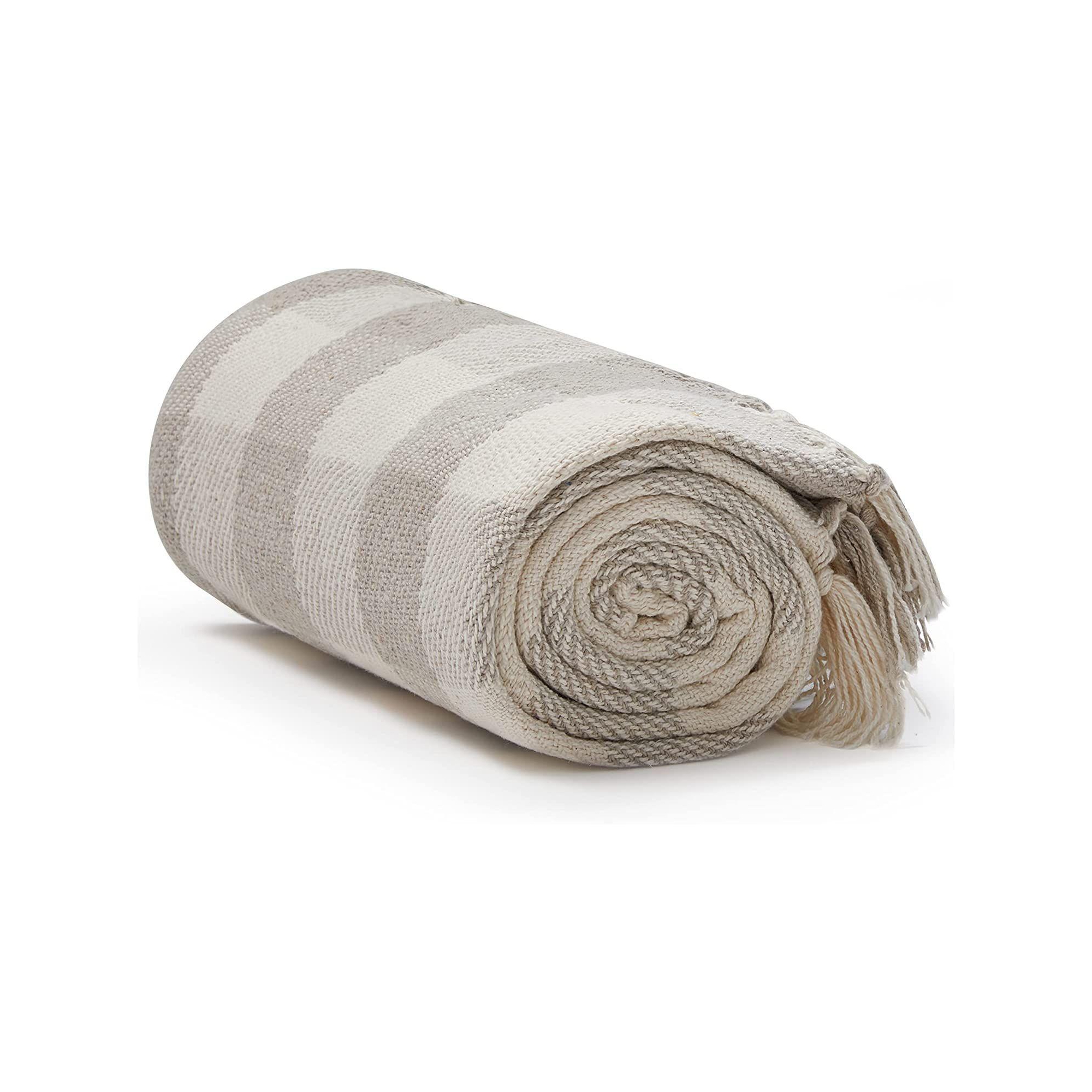 Americanflat 100% Cotton Throw Blanket for Couch - 50x60 - Rustic Cream Throw Blanket for Bed, Sofa or Chair [Cream & Beige Plaid]