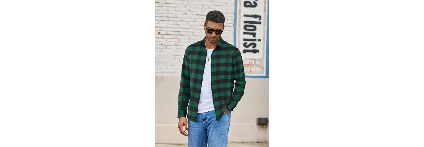 Мужская рубашка COOFANDY Lightweight Flannel Shirt Long Sleeve Plaid Shirt with Pocket Dark Green, цвет: Тёмный зелёный — фото 3