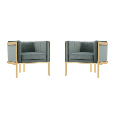 Set of 2 Gray Velvet Barrel Accent Chairs with Metal Frame