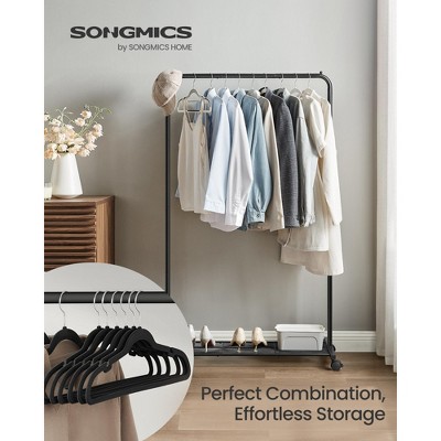 Heavy-Duty Metal Garment Rack with Wheels & 50 Non-Slip Velvet Hangers, Includes Mesh Storage Shelf for Shoes/Boxes, Black