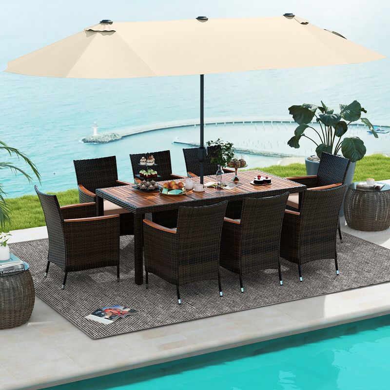 Tangkula 9 Piece Patio Wicker Dining Set w/ Double-Sided Patio Beige Umbrella Stackable Chairs, 2 of 11