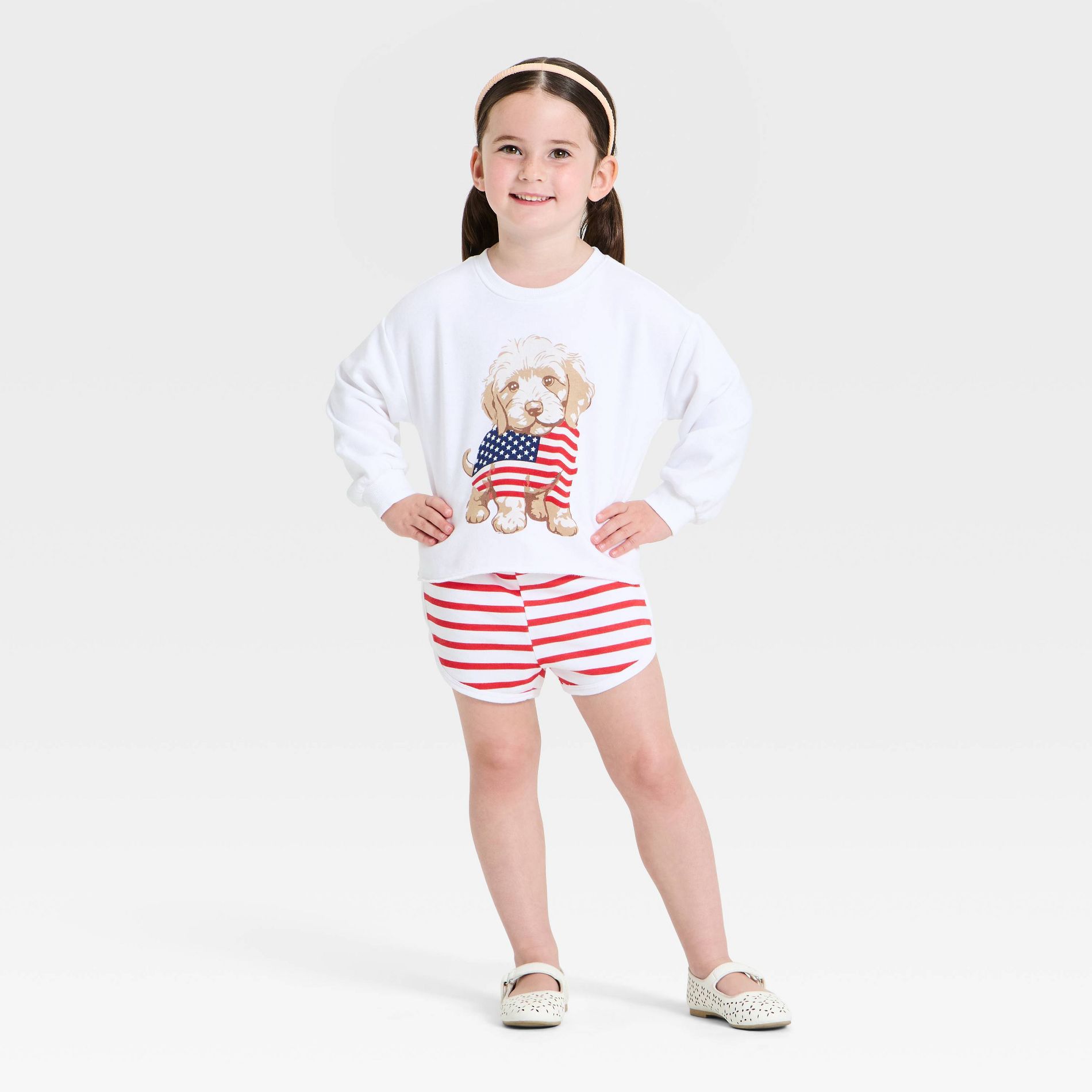 Grayson Mini Toddler Girls' 2pc Americana Puppy Flag Crewneck Sweatshirt & Shorts Set - White
