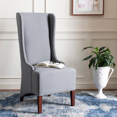 High-Back Arctic Grey Linen Upholstered Side Chair with Cherry Mahogany Legs