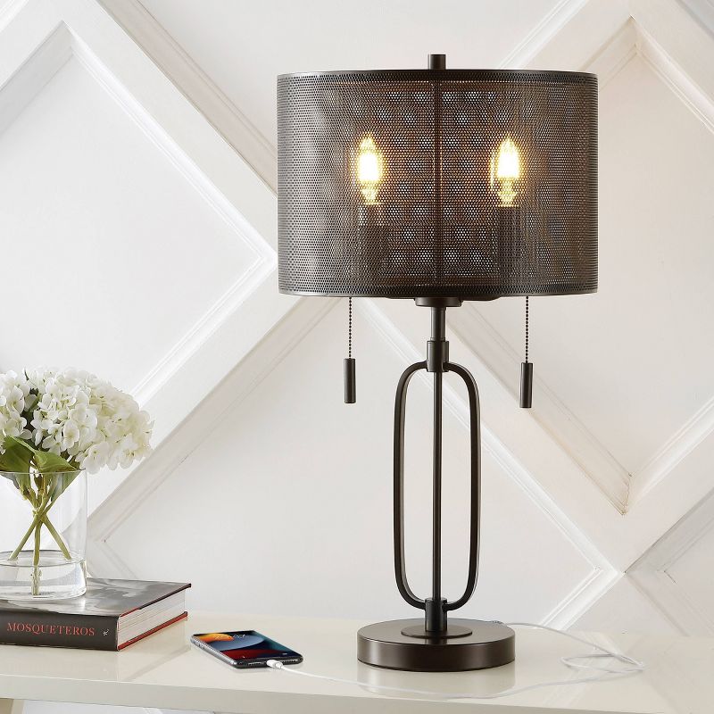 27&#34; 2-Light Hank Industrial Farmhouse Iron LED Table Lamp with USB Charging Port Oil Rubbed Bronze (Includes LED Light Bulb) - JONATHAN Y, 3 of 9